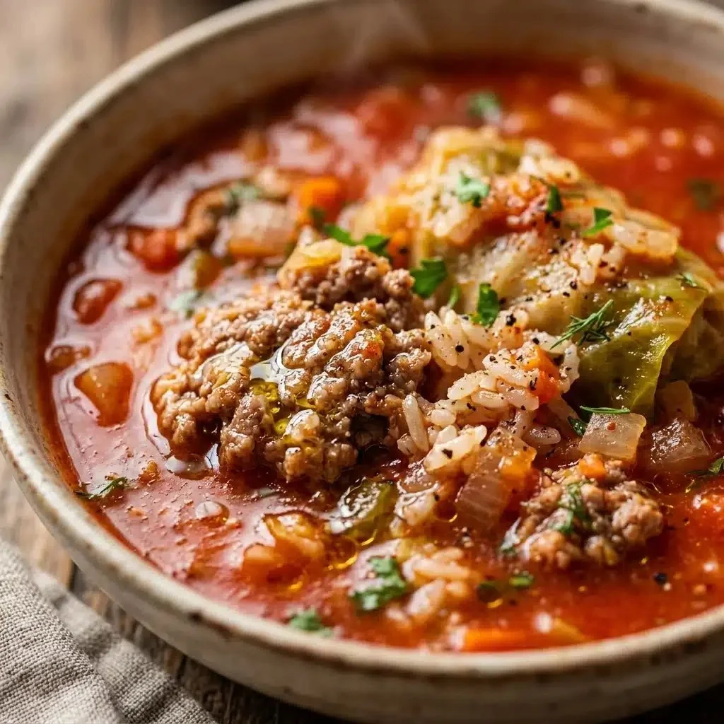 A bowl of traditional Golumpki Soup with cabbage rolls and savory broth