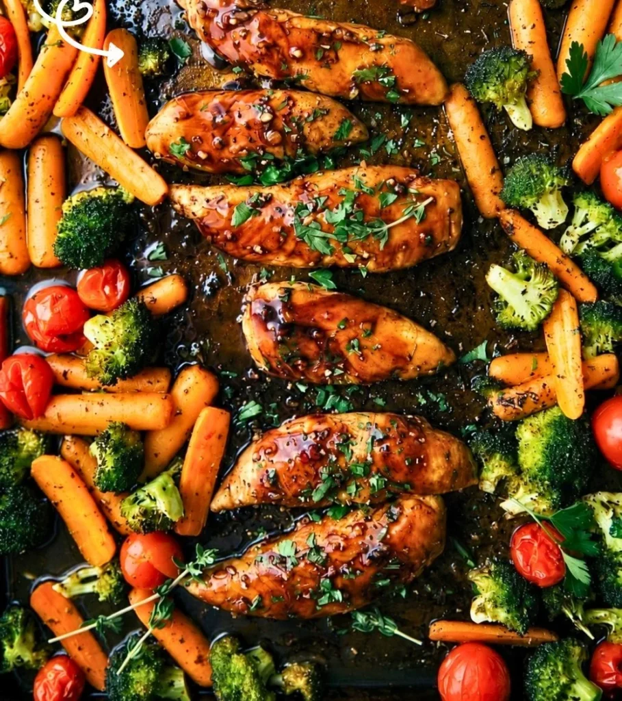 Healthy 30-minute balsamic chicken with colorful veggies on a plate.