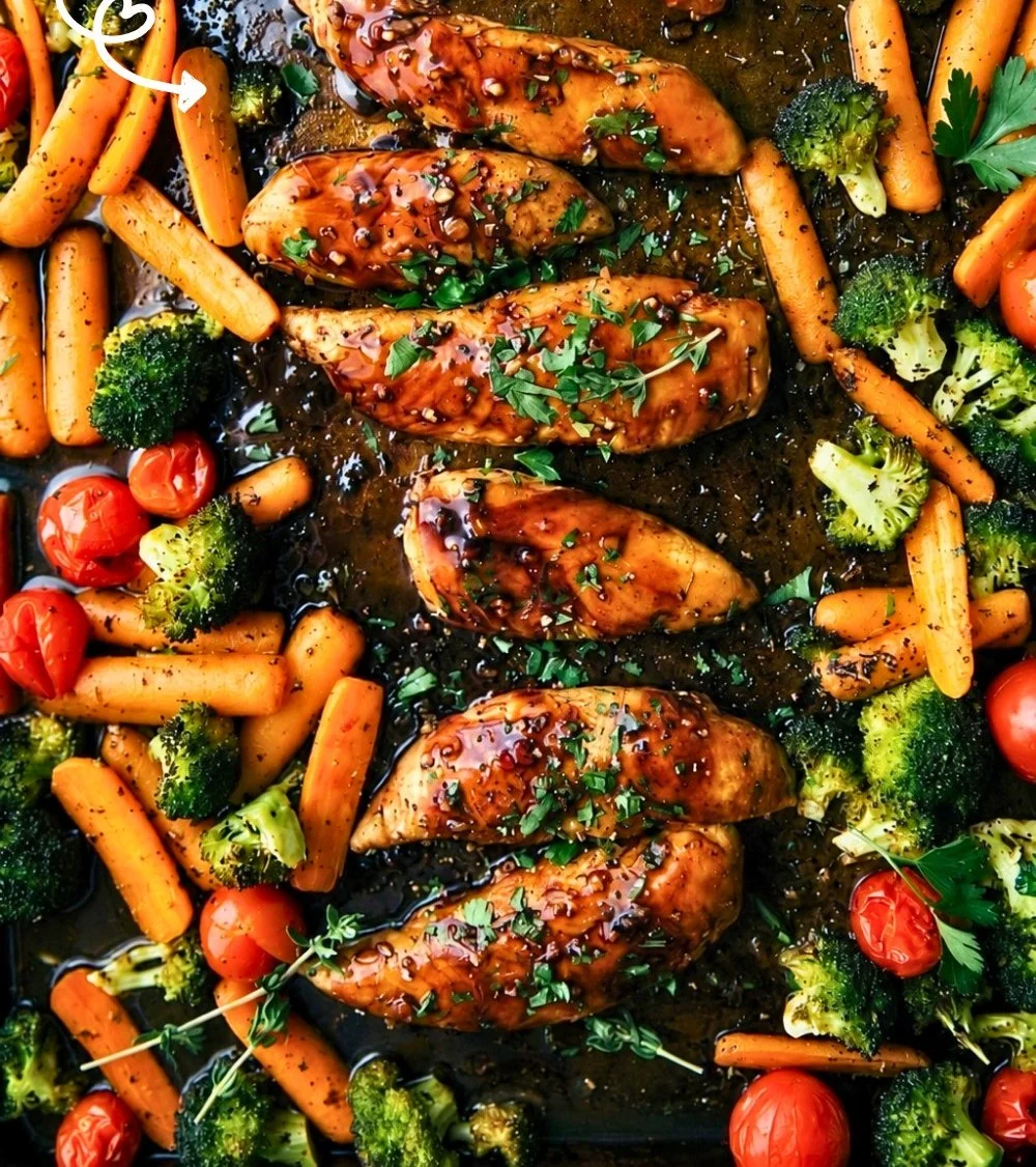 Healthy 30-minute balsamic chicken with colorful veggies on a plate.