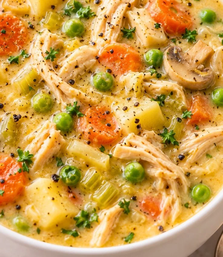 A bowl of healthy chicken pot pie soup garnished with herbs