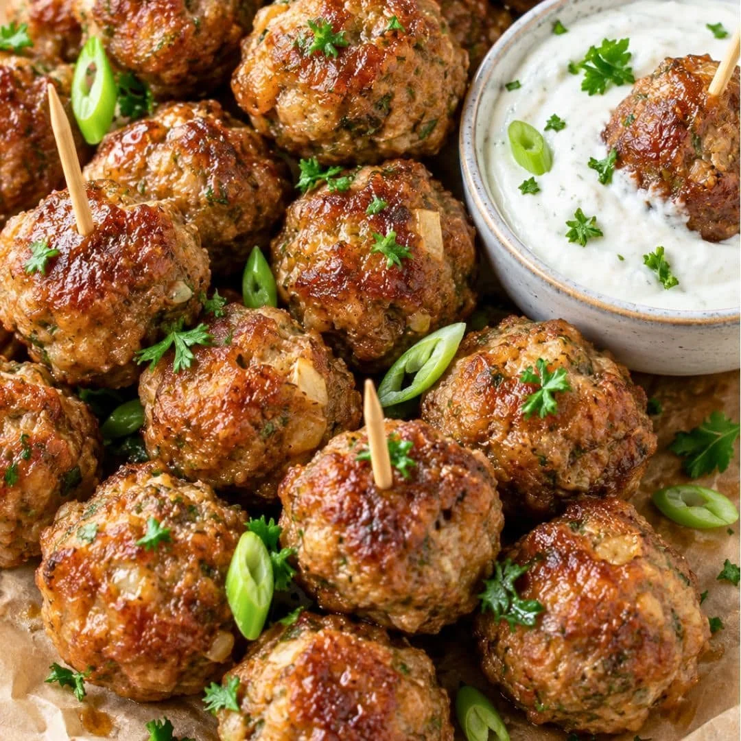Baked broccoli cheddar turkey meatballs on a plate garnished with fresh herbs.
