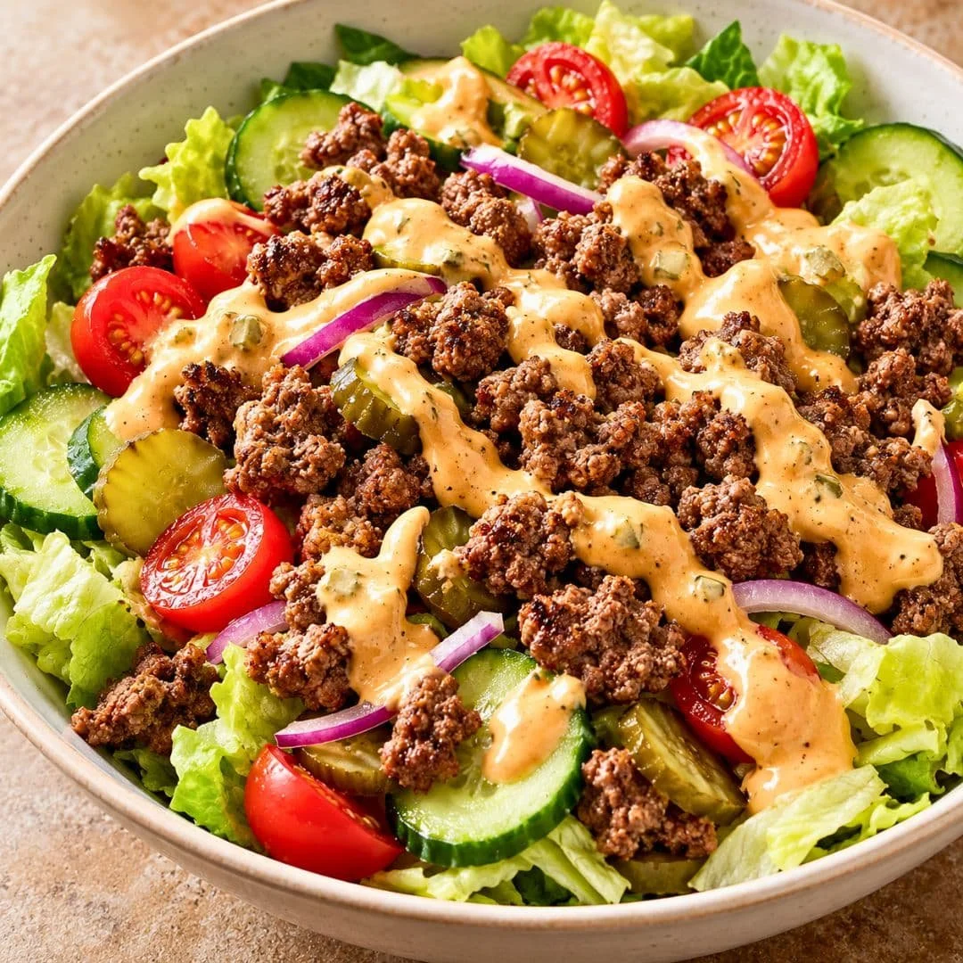 Healthy Burger Bowl topped with a delicious secret sauce and fresh ingredients.