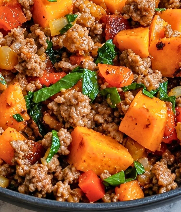Healthy ground turkey sweet potato skillet cooked in a skillet for a quick dinner