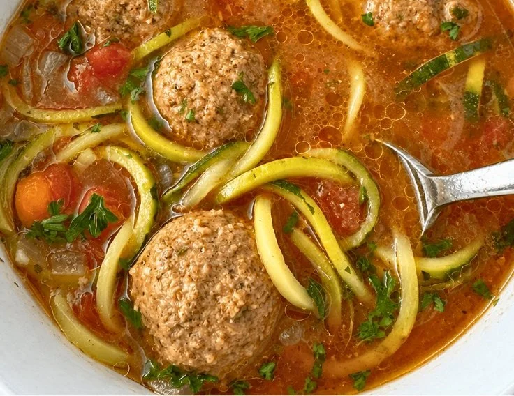 Healthy meatball zoodle soup in a slow cooker for an easy dinner.