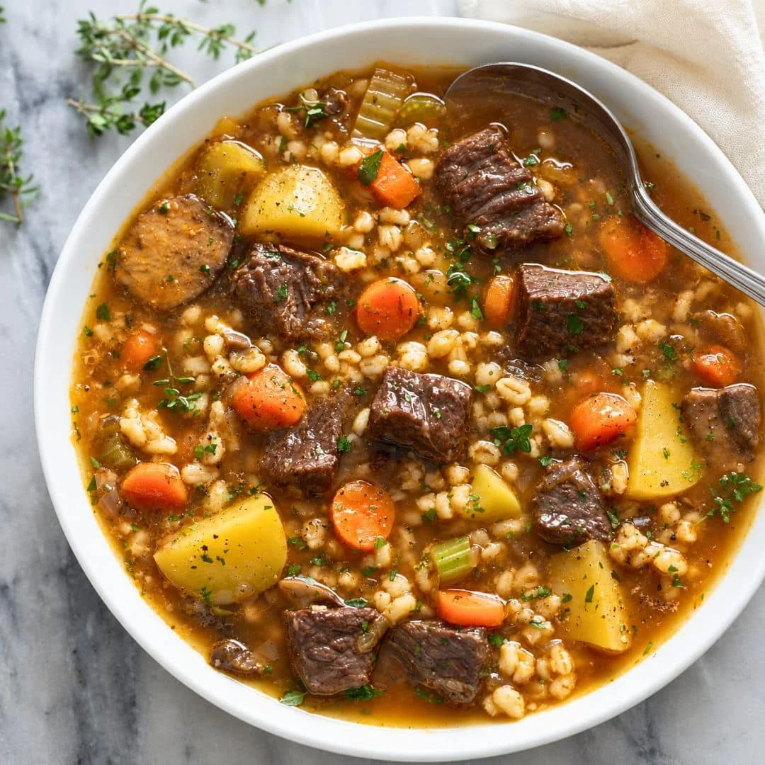 Bowl of hearty beef barley soup filled with vegetables and tender beef