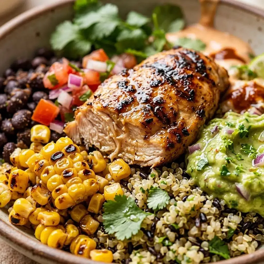 High-protein chicken burrito bowl with fresh ingredients and vibrant colors