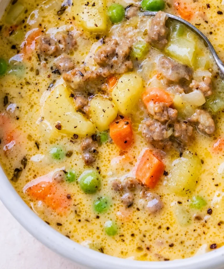 A bowl of high protein shepherd's pie soup topped with fresh herbs.