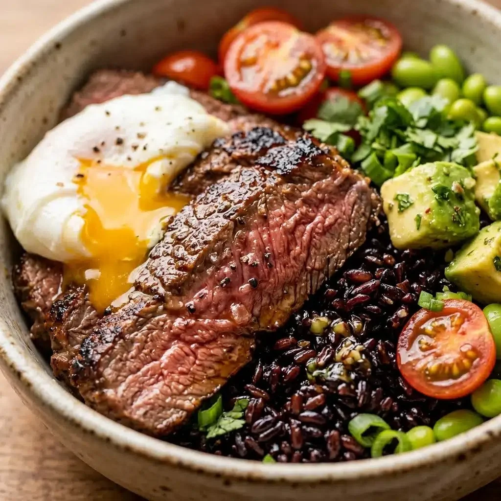 High-protein steak bowl with fresh vegetables and grains