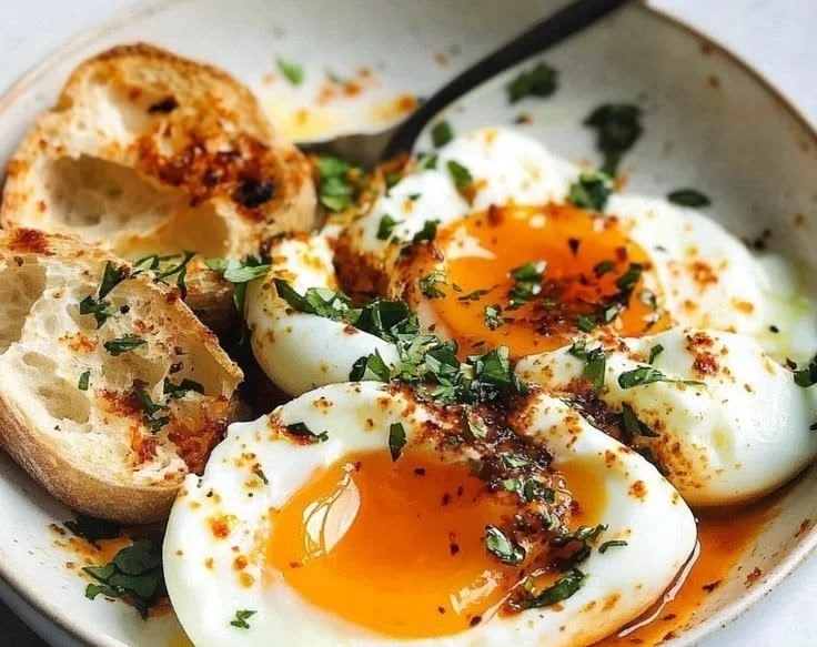 Jammy eggs served with chili butter and garlic yogurt on a plate