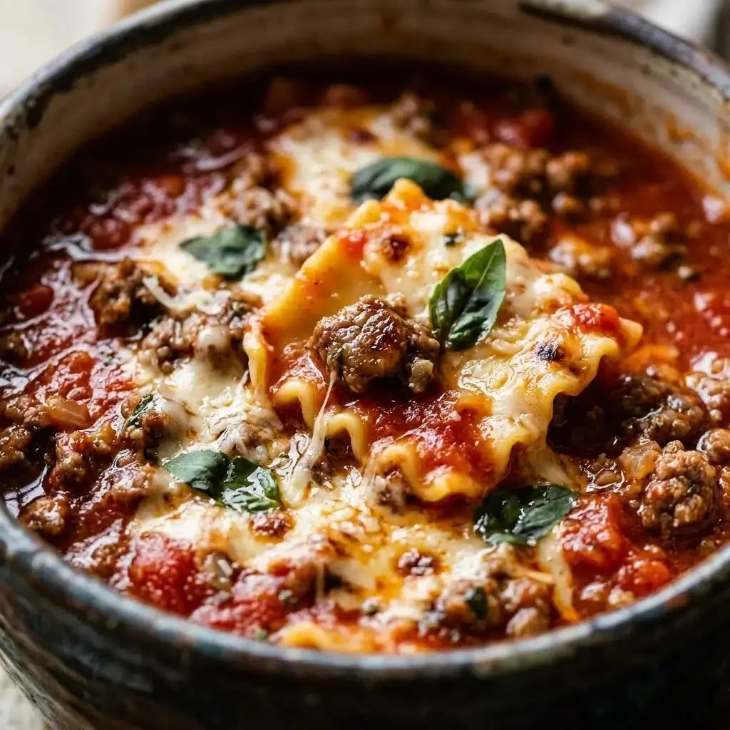 Bowl of lasagna soup with ground beef, cheese, and pasta