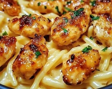 Lemon Garlic Butter Chicken with Parmesan Pasta on a white plate