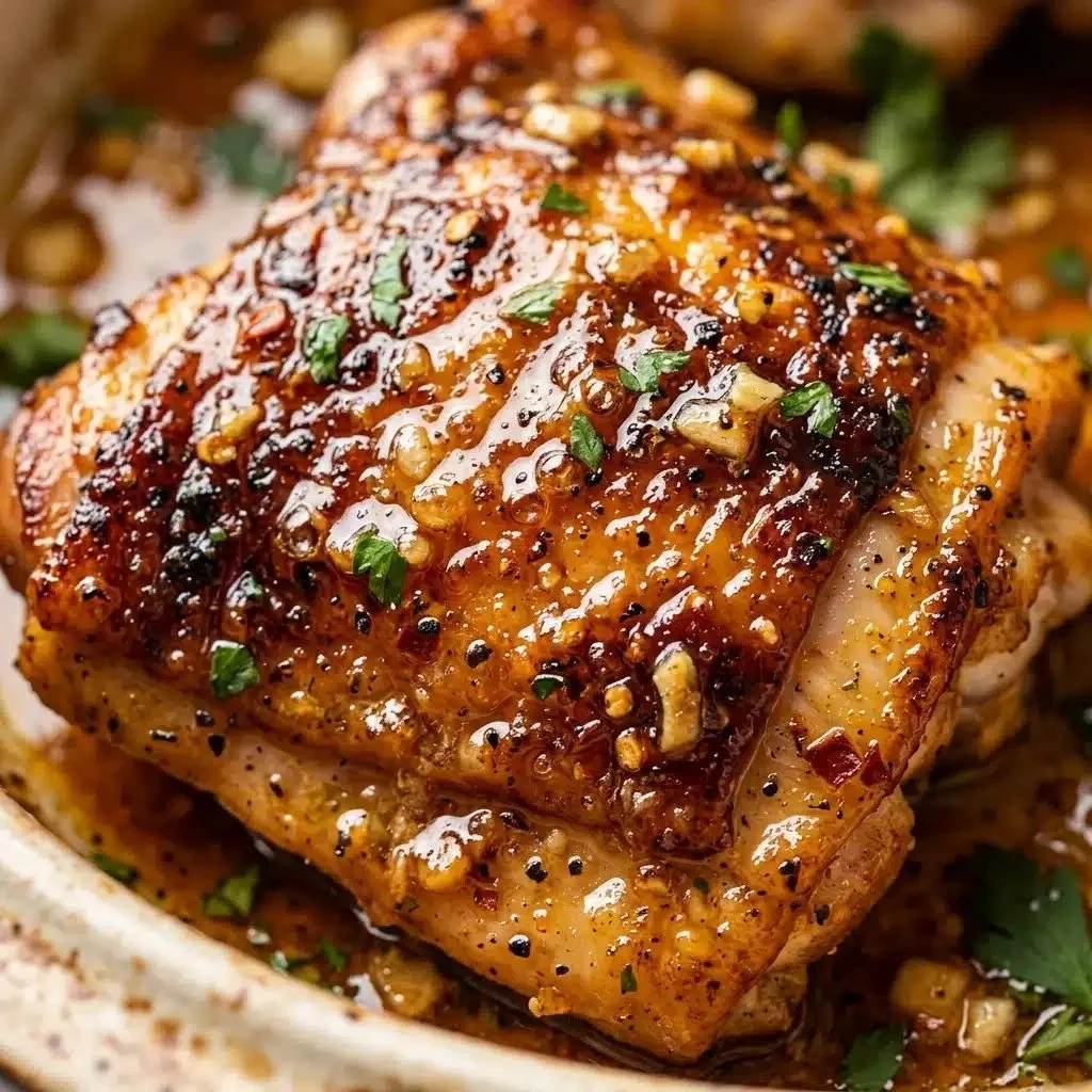 Maple Garlic Chicken Thighs served on a plate with garnishes