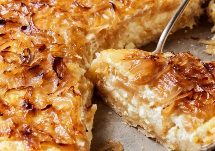 Onion and Gruyere Cottage Cheese Bake served in a dish