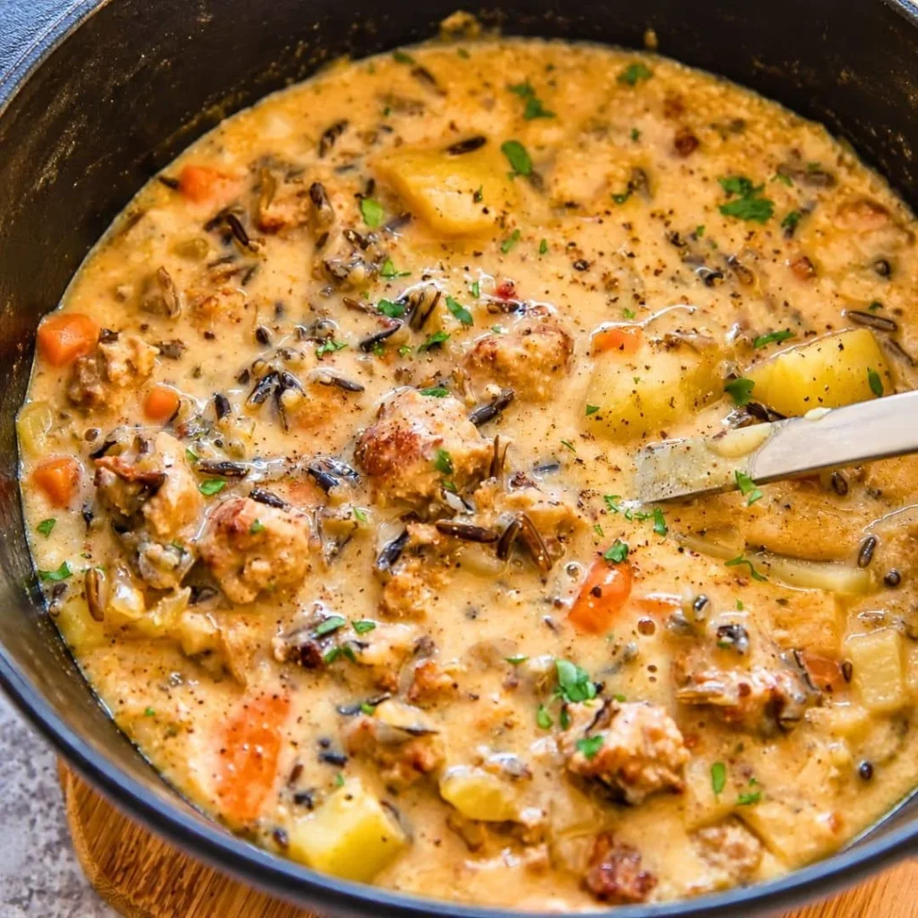 Bowl of hearty Potato and Sausage Chowder topped with fresh herbs