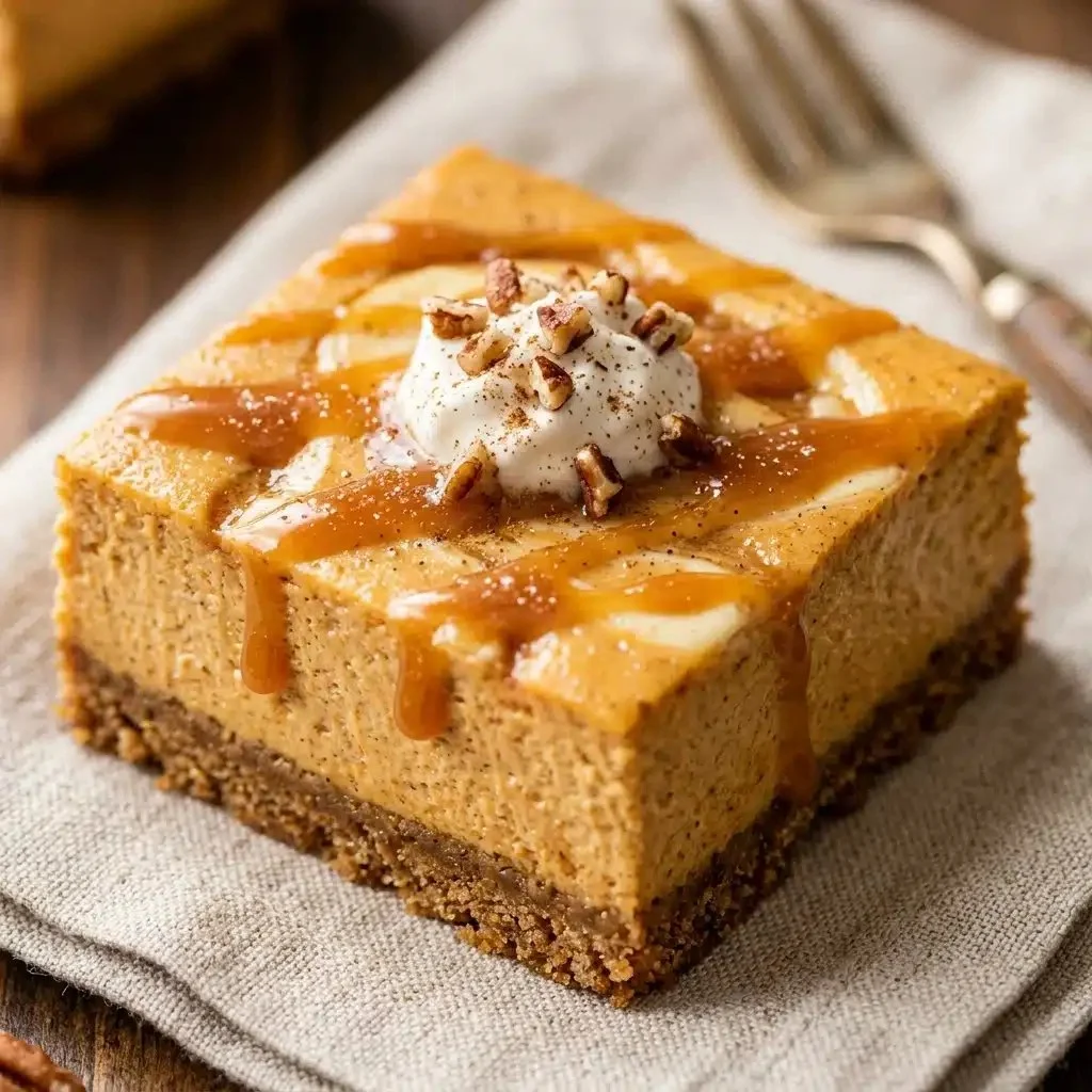 Delicious Pumpkin Cheesecake Bars with a creamy texture and fall spices