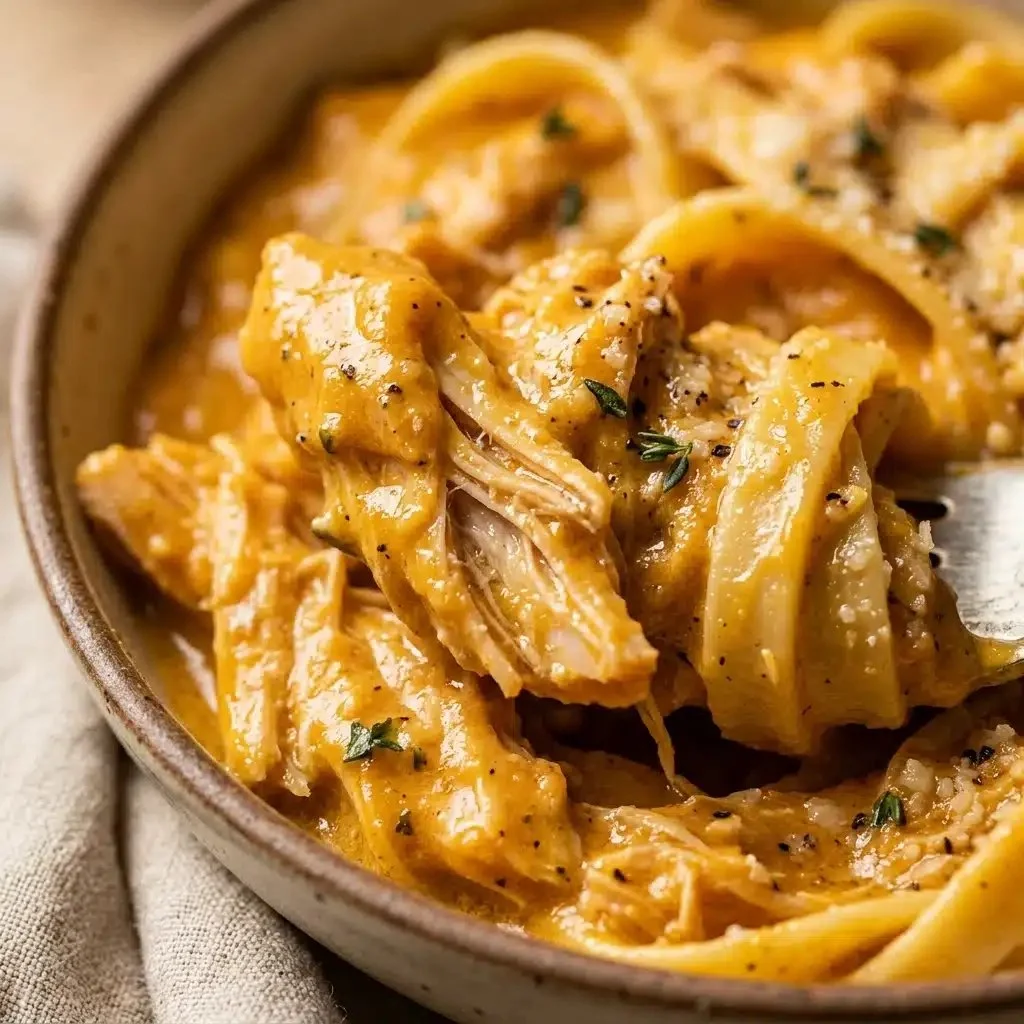 Delicious Pumpkin Chicken Alfredo served in a bowl with parsley garnish