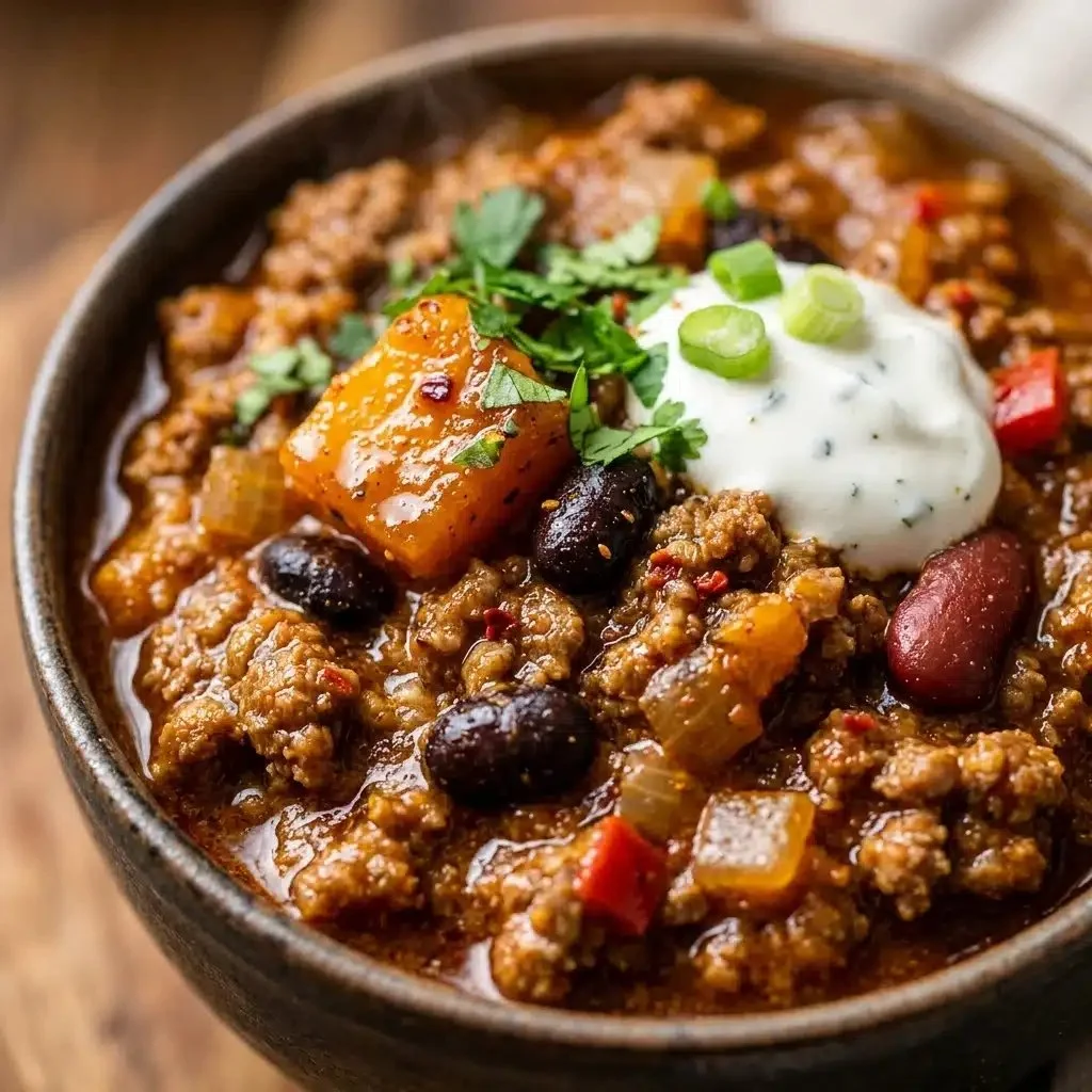 Bowl of Pumpkin Chili with Ground Beef garnished with cilantro