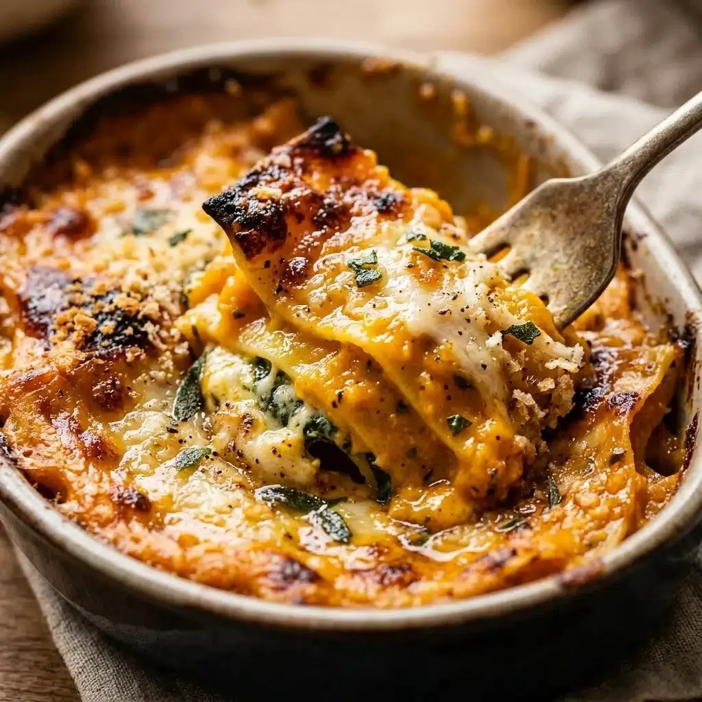 Delicious pumpkin lasagna layered with creamy cheese and savory spices