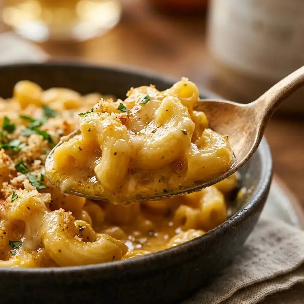 Delicious Pumpkin Mac and Cheese served in a bowl with herbs and cheese garnish