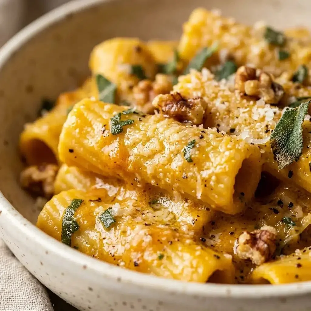 A delicious serving of Pumpkin Parmesan Pasta topped with fresh herbs and cheese.