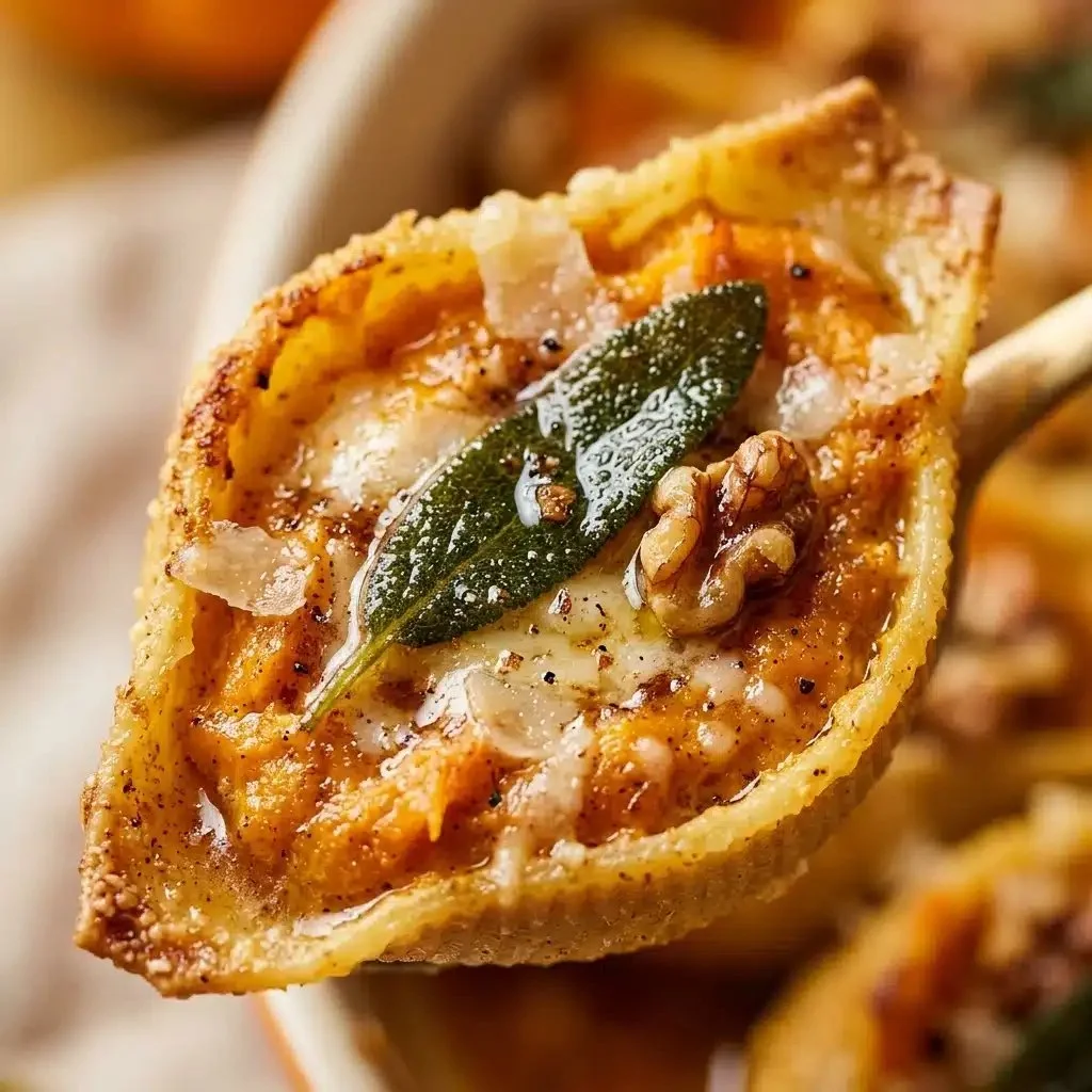 Baked pumpkin stuffed shells topped with cheese and herbs.