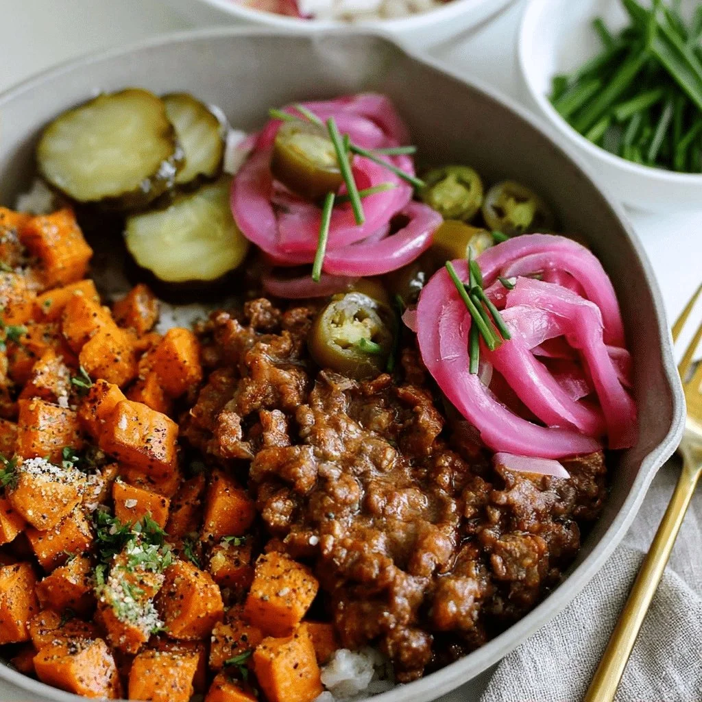 Sloppy Joe Sweet Potato Bowl with ground meat and colorful vegetables