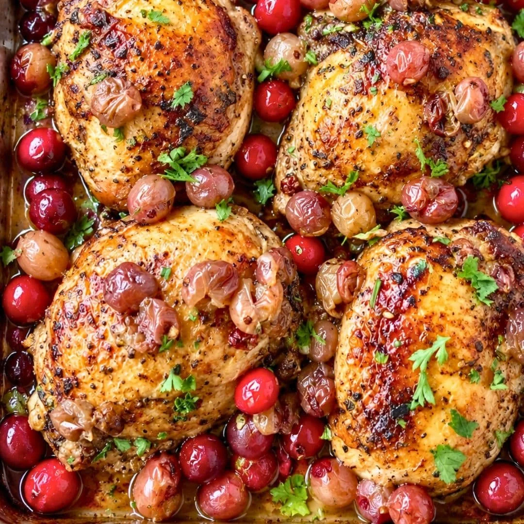 Delicious slow cooker balsamic cranberry chicken served with sides