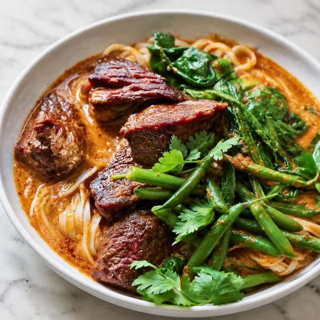 Delicious slow-cooked beef curry in a bowl garnished with herbs