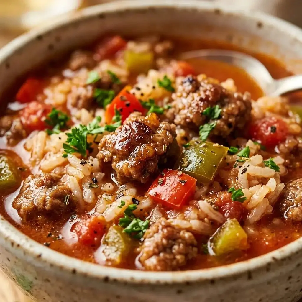 Bowl of hearty stuffed pepper soup with colorful bell peppers and rice