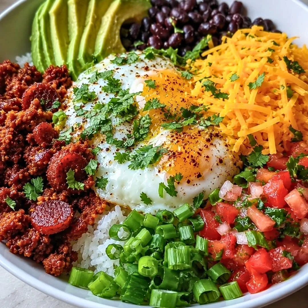 Ultimate Breakfast Burrito Bowl with Crispy Turkey Chorizo served in a bowl