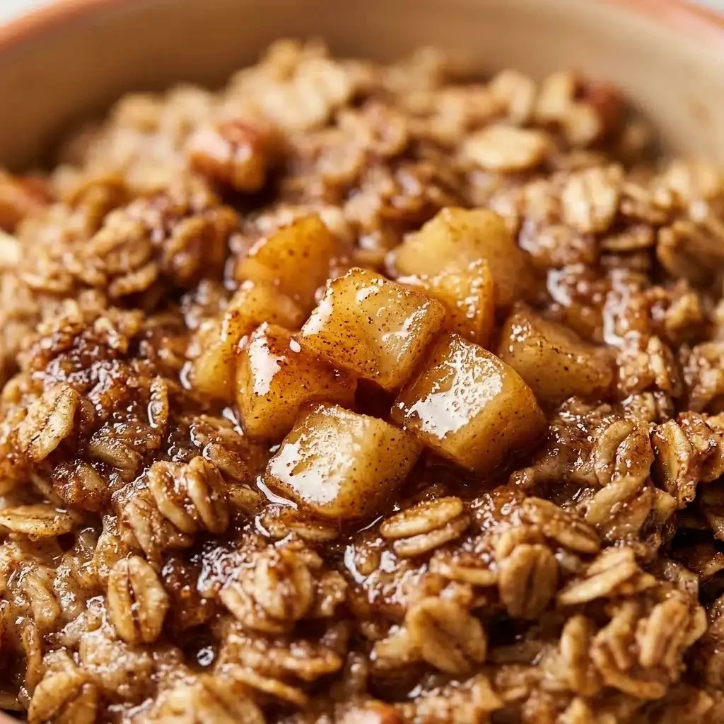 Delicious apple cinnamon baked oatmeal served in a bowl with fresh apples.