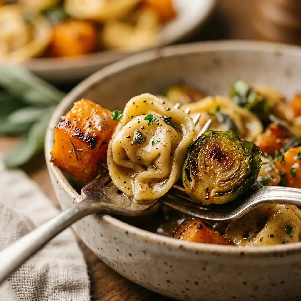 Delicious autumn chicken tortellini with butternut squash and Brussels sprouts.