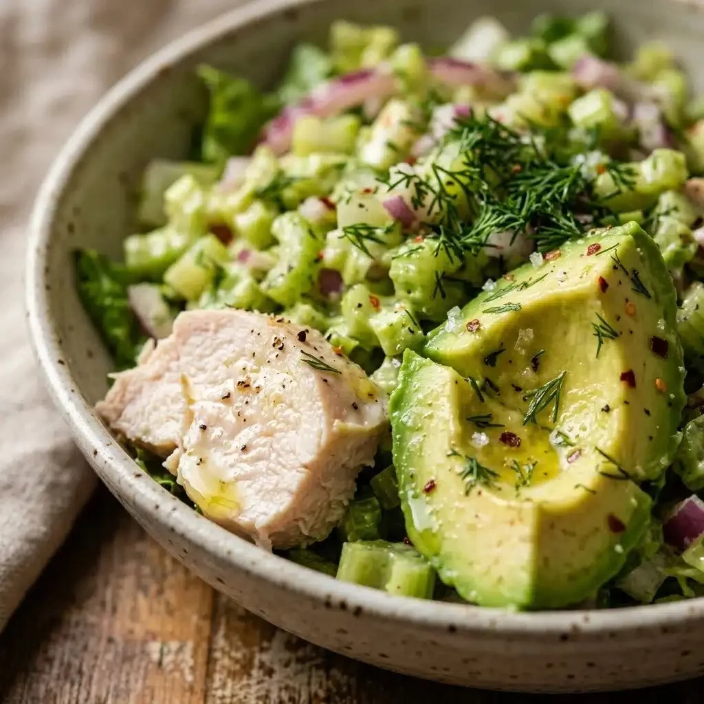 Bowl of avocado chicken salad with fresh ingredients and vibrant colors