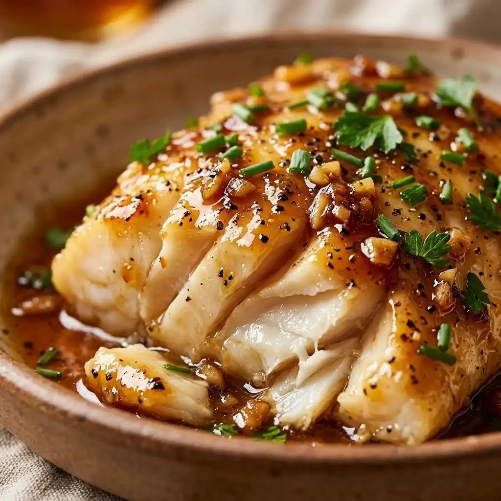 Baked cod fillet drizzled with honey garlic sauce, served on a plate