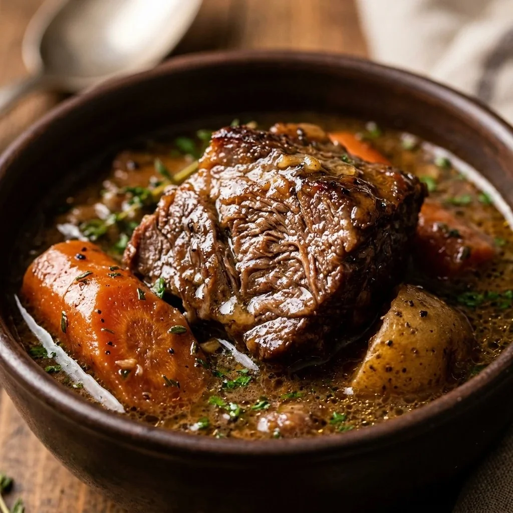 Delicious beef stew cooked in a slow cooker, served in a bowl with fresh herbs.
