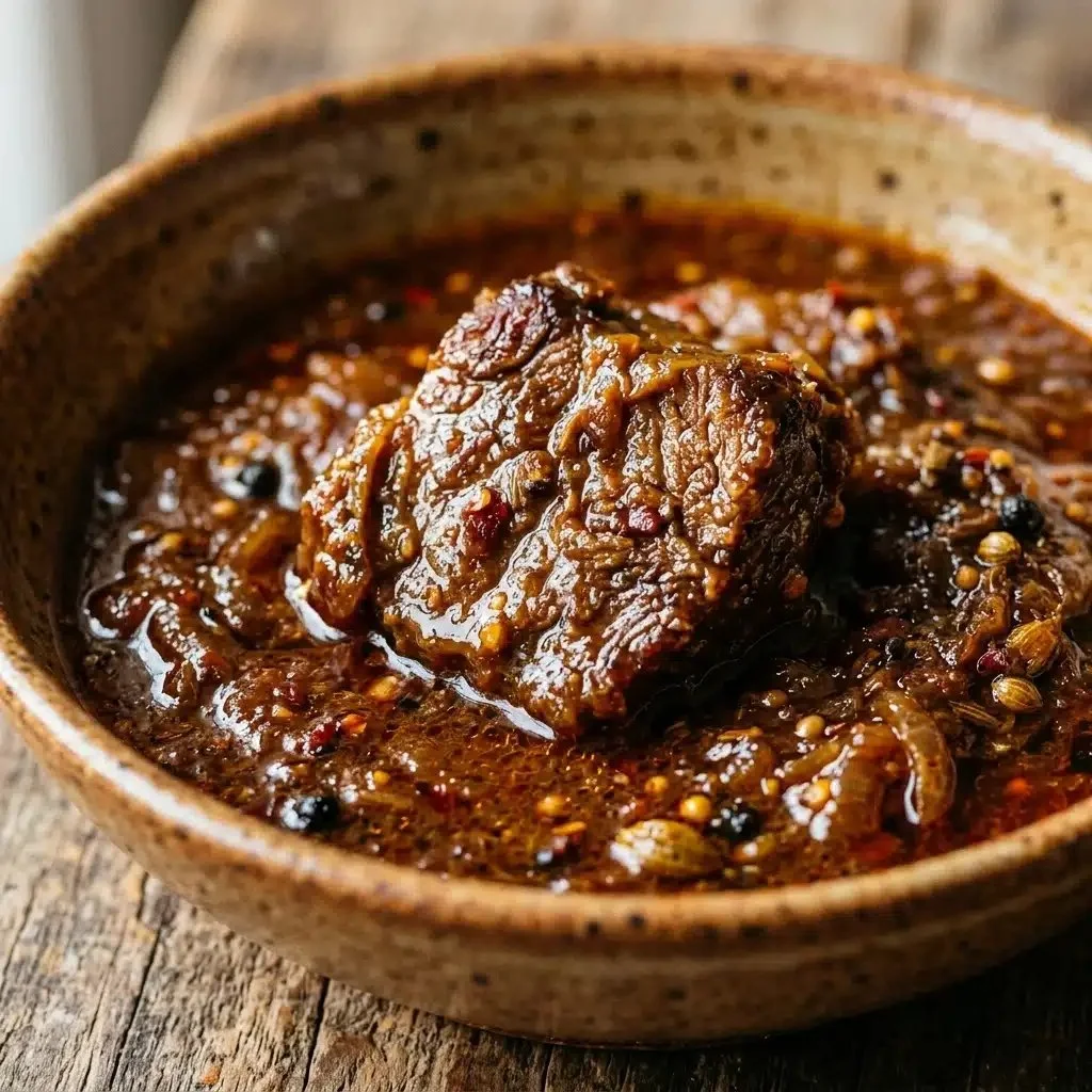 Delicious Beef Vindaloo served in a traditional bowl with spices
