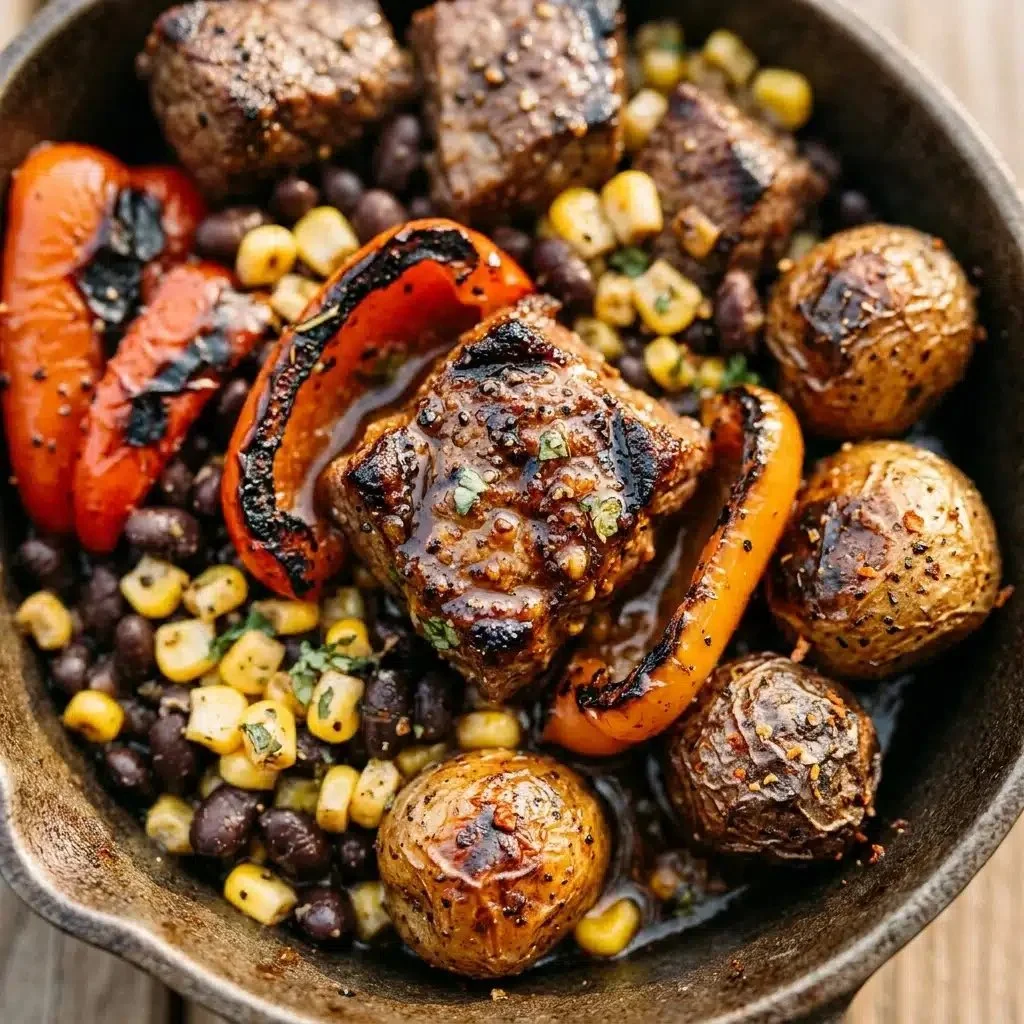 A delicious Blackstone Cowboy Dinner with grilled meats and sides served outdoors.
