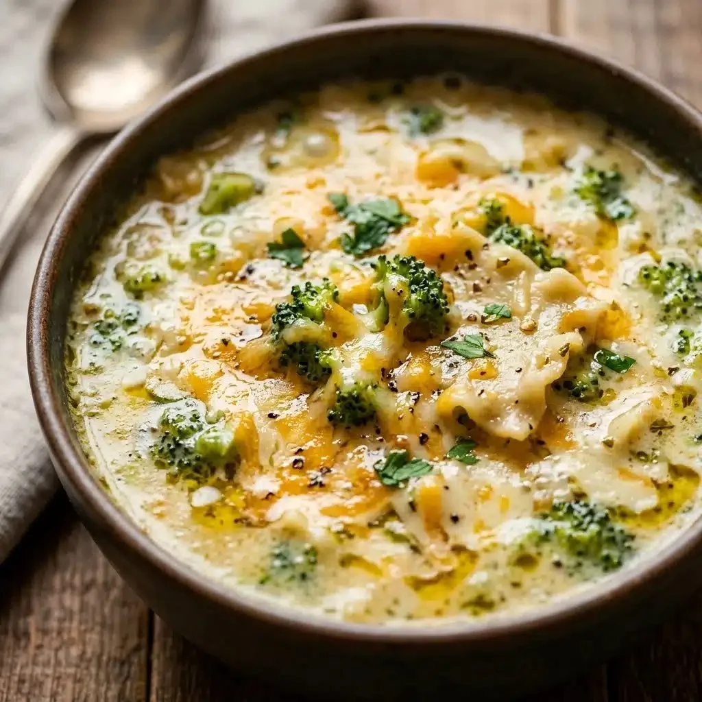 Bowl of Broccoli Cheddar Lasagna Soup topped with cheese and herbs