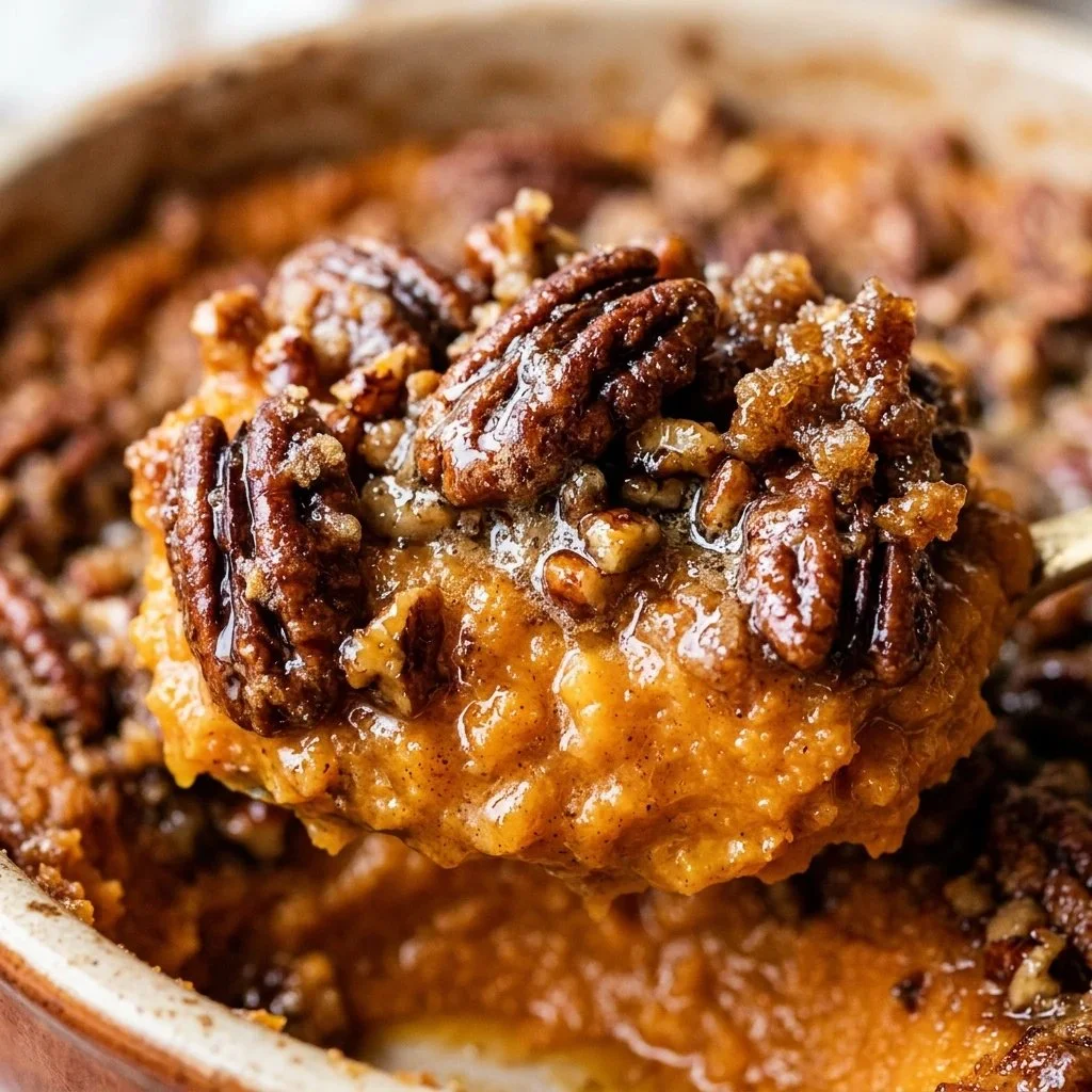 Brown Butter Sweet Potato Casserole with Pecan Topping served in a dish