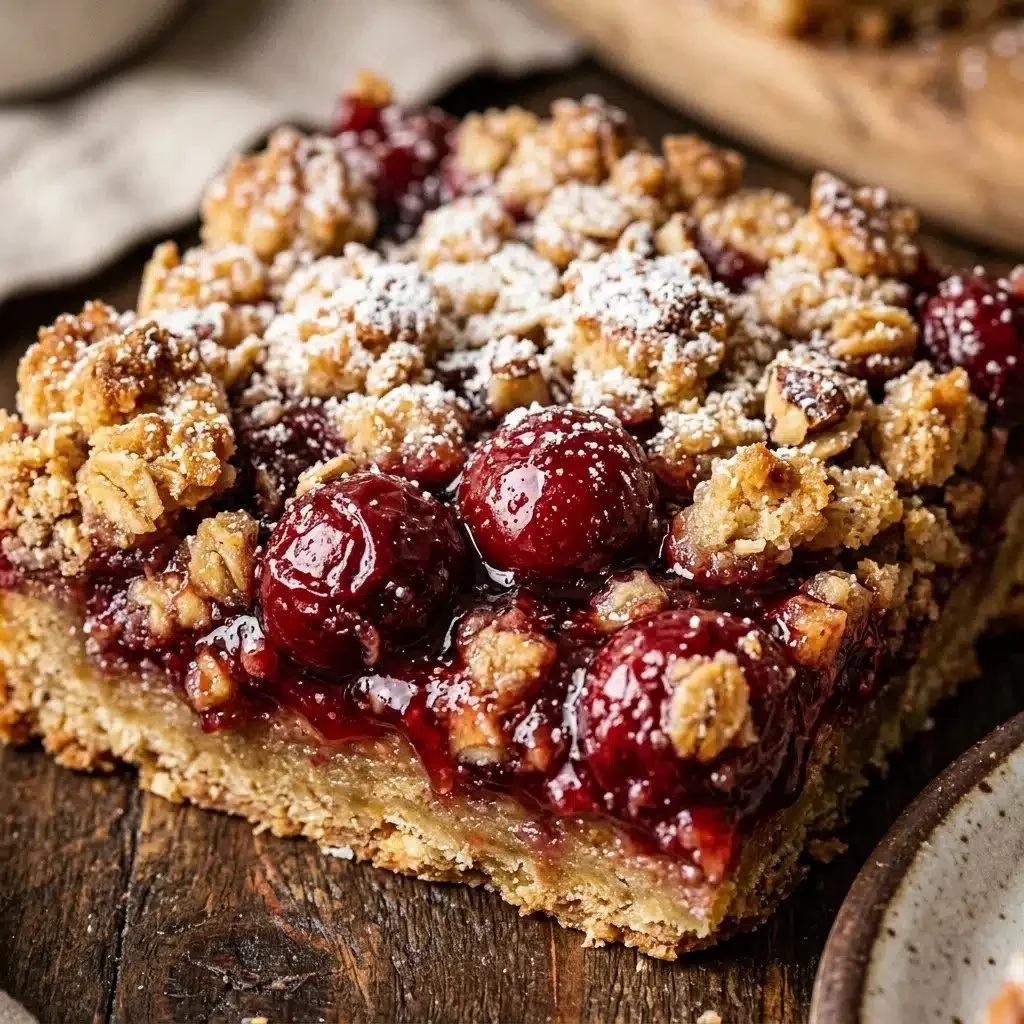 Delicious cherry crumble bars topped with a flaky crumble crust