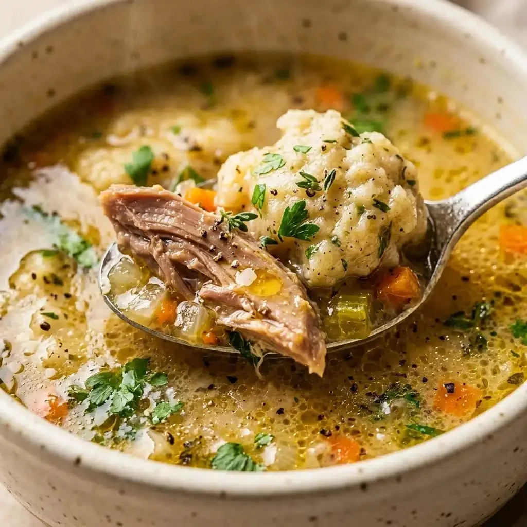 Bowl of delicious Chicken Dumpling Soup garnished with herbs and vegetables.