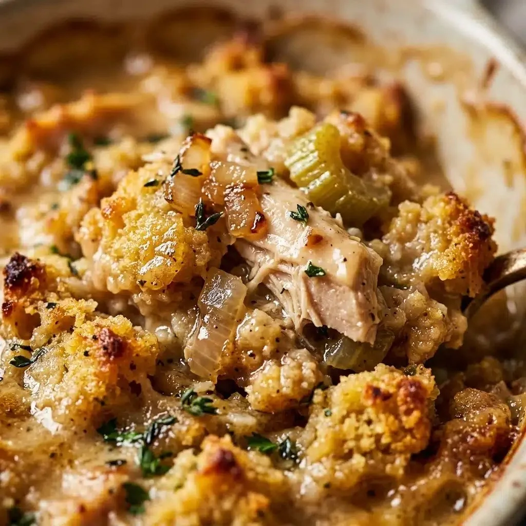 Delicious Chicken Stuffing Casserole topped with golden-brown herbs and spices.