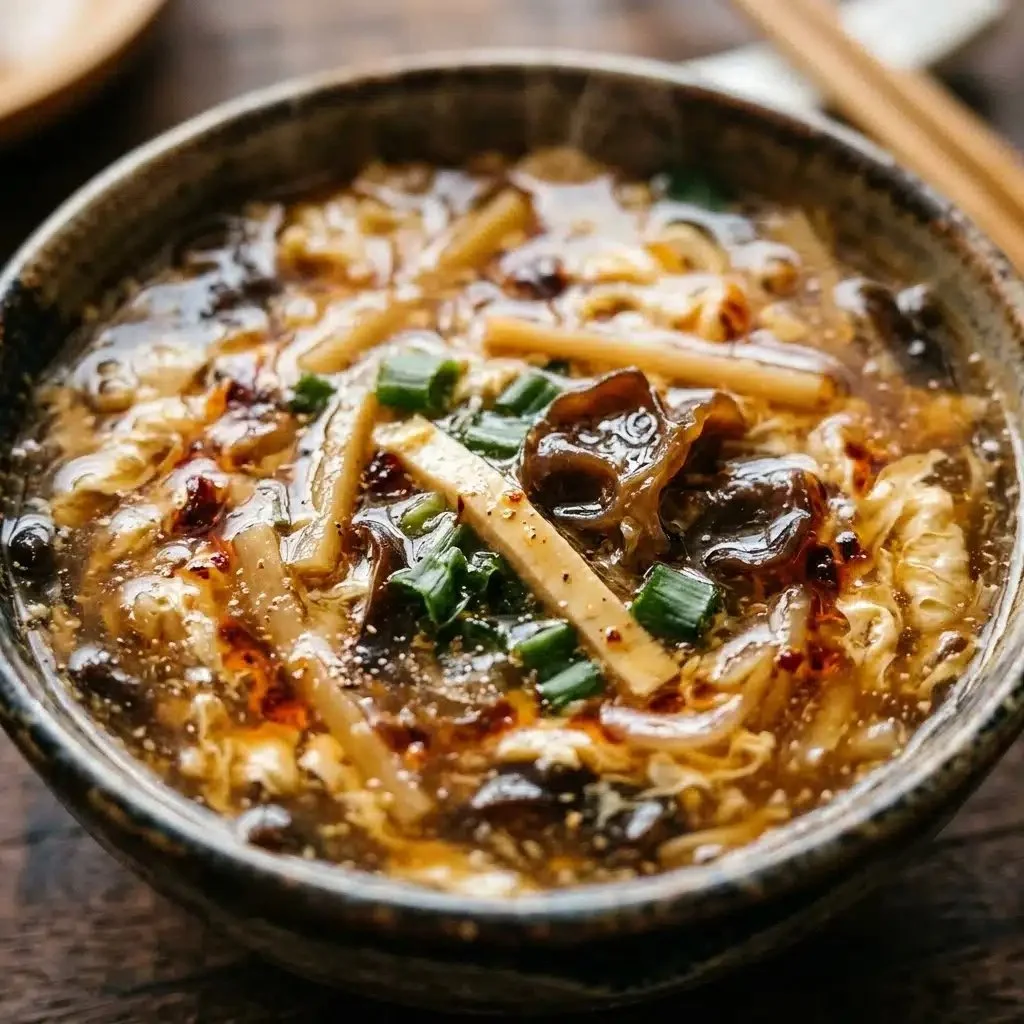 Bowl of Chinese hot and sour soup garnished with herbs and spices