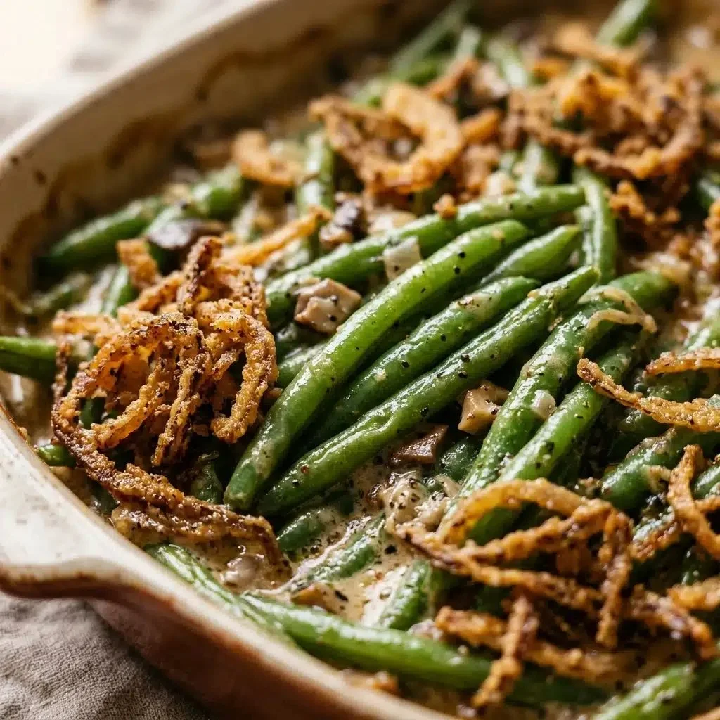 Homemade classic green bean casserole prepared from scratch with fresh ingredients.