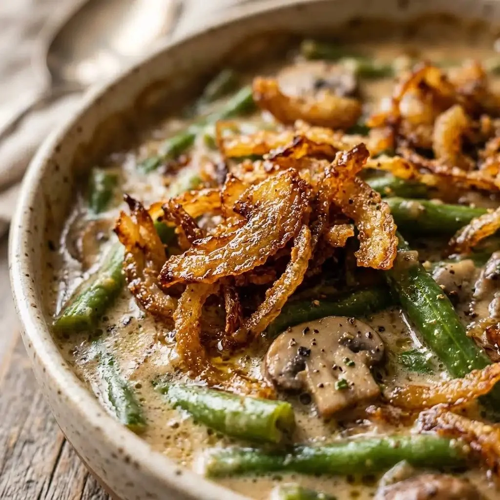 Classic green bean casserole topped with crispy onions and served in a baking dish