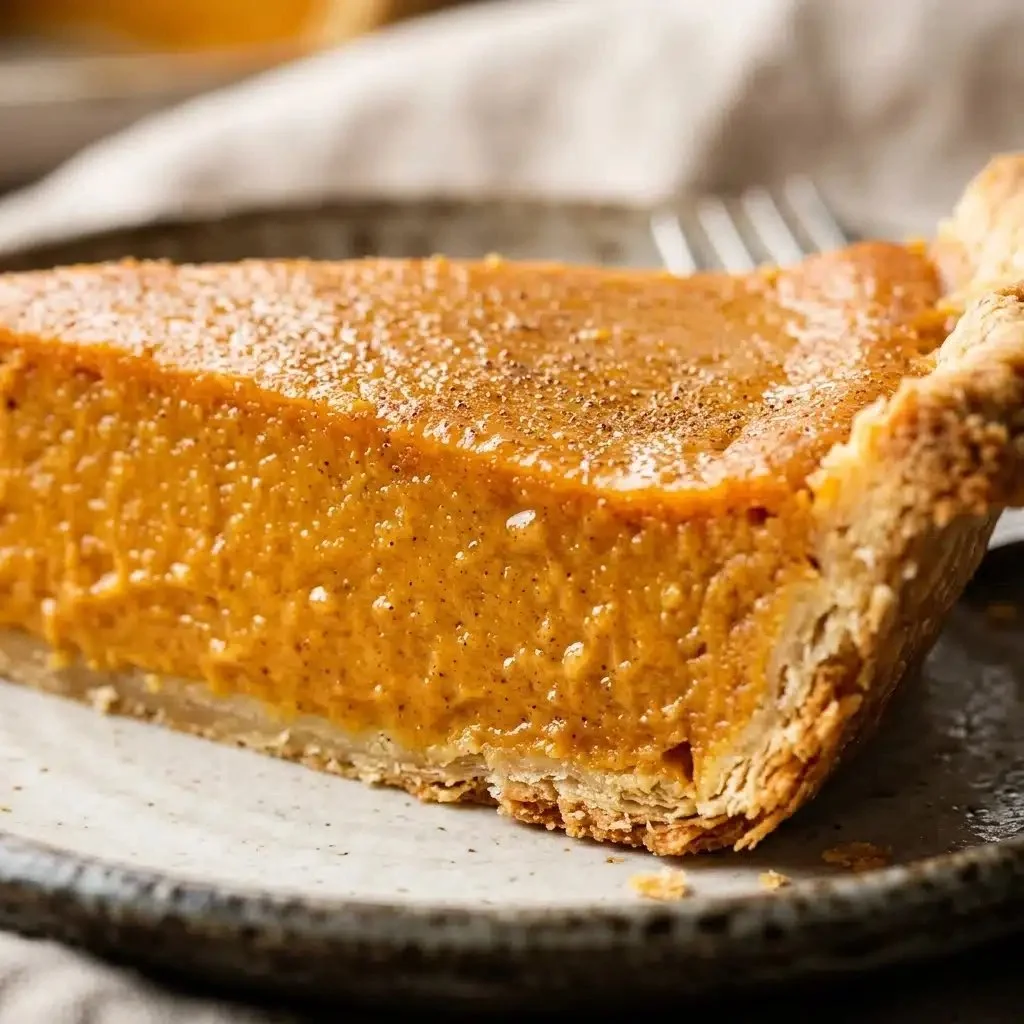 Slice of classic pumpkin pie with whipped cream on a plate
