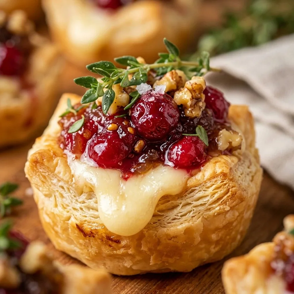 Cranberry brie appetizer bites on a serving platter, ideal for parties.