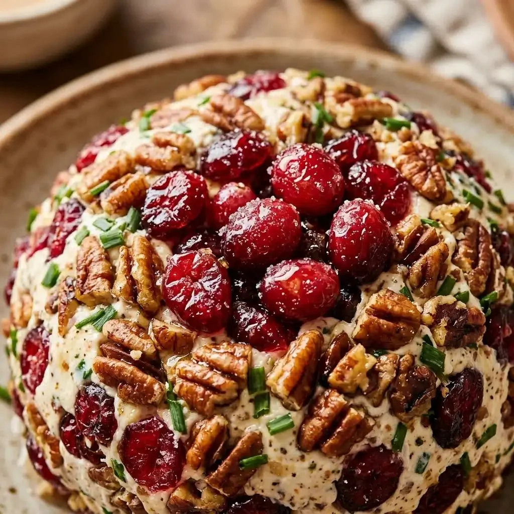 Cranberry Pecan Cheese Ball served on a platter with crackers and fruit