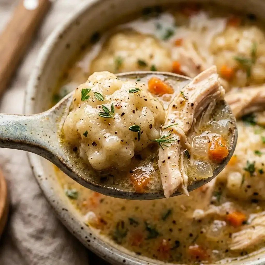 Bowl of creamy chicken and dumplings soup garnished with herbs
