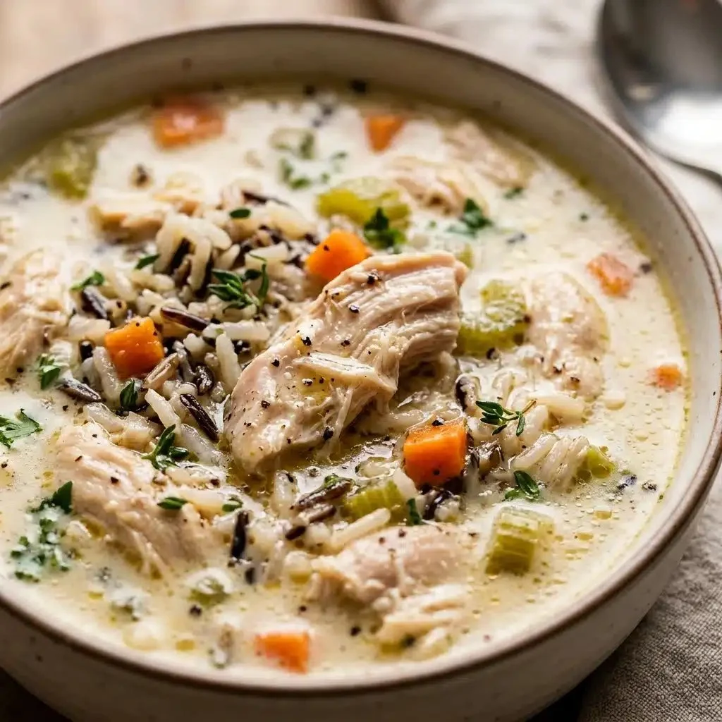 Creamy chicken and wild rice soup served in a bowl with herbs and spices.